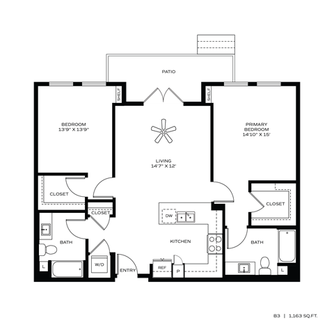 Floor plan for 2 beds, 2 baths, 1163 sqft